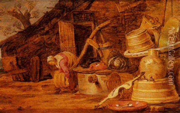 A Kitchen Still Life With A Woman Near A Well Oil Painting - Hendrik Bogaert