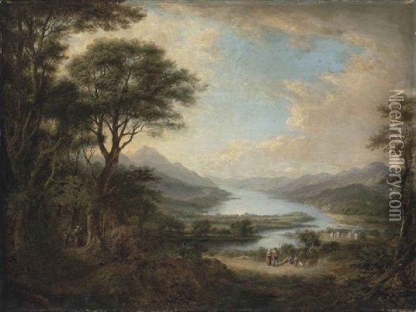 A View Of Loch Tay (from The West, At Killin, With Travellers On A Path And A Village Beyond) Oil Painting - Alexander Nasmyth