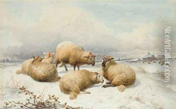 Sheep in the snow Oil Painting - Thomas Sidney Cooper
