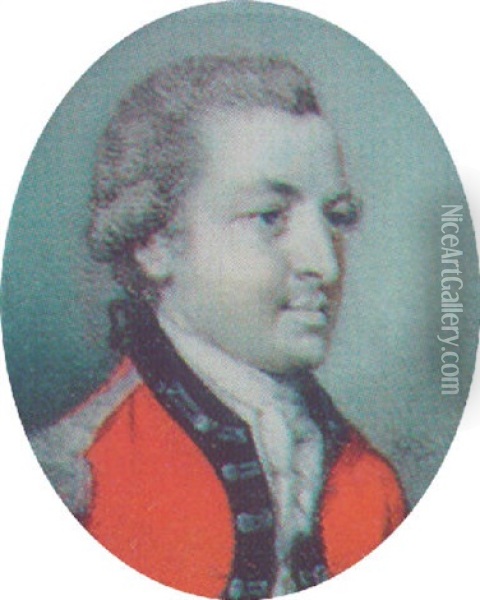 An Officer With Powdered Hair En Queue Wearing A Red Coat With Blue Facings, Silver Frogging And A White Cravat Oil Painting - George Engleheart