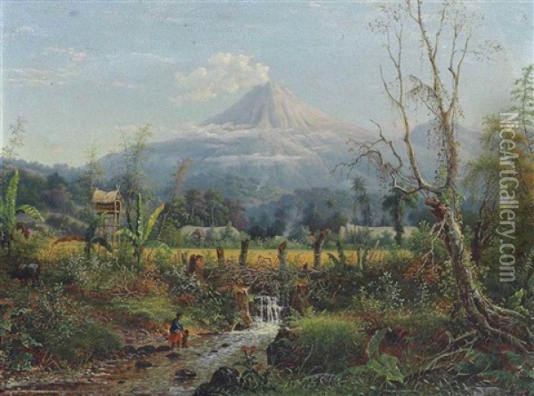 A Village In Java, Mount Semeru Beyond Oil Painting - Maurits Ernest Hugo R. van den Kerkhoff