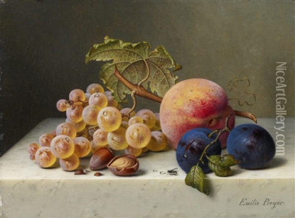 Fruchtestillleben Mit Weisen Trauben, Haselnussen, Pfirsich Und Zwei Pflaumen Auf Einer Marmorplatte Oil Painting - Emilie Preyer