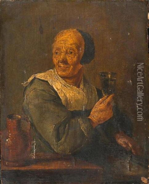 A Portrait Of A Lady With A Glass Of Wine Oil Painting - David The Younger Teniers