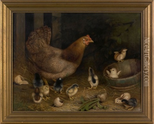 Hen And Ten Chicks Oil Painting - Ben Austrian
