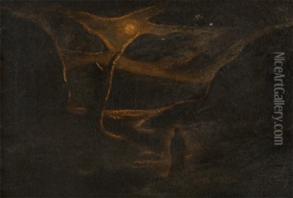 Figure In A Surrealist Landscape Oil Painting - Albert Pinkham Ryder