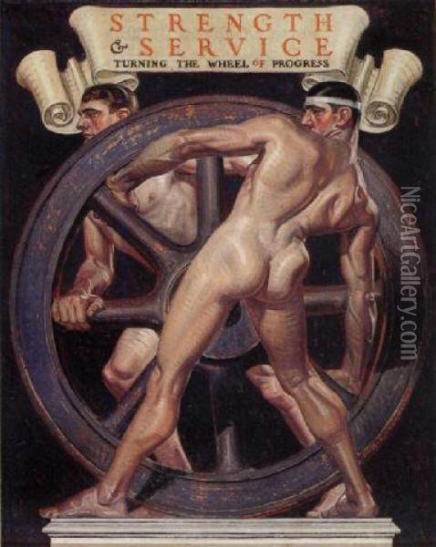 The Spirit Of Transportation (strength And Service Turning The Wheel Of Progress) Oil Painting - Francis Xavier Leyendecker
