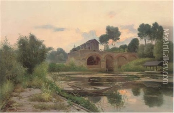 Before The Pump House At Dusk Oil Painting - Henri Alphonse Barnoin