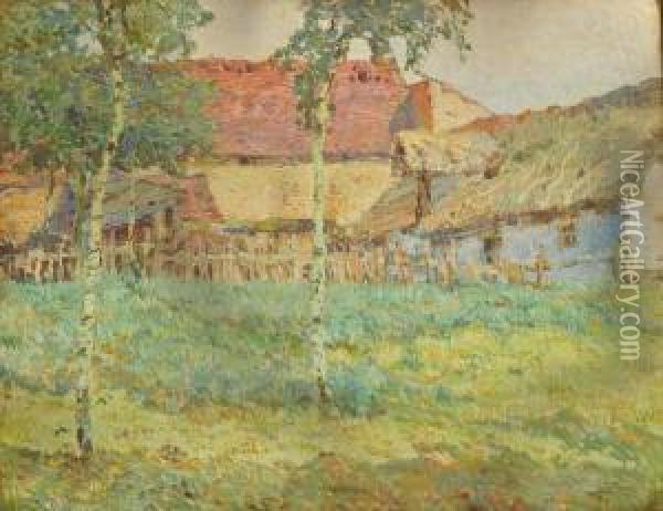 A Village House With Birch Trees Oil Painting - Josef Ullmann