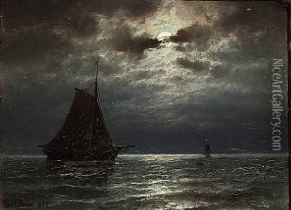 Seascape With Sailings Ships In Moonlight Oil Painting - Carl Ludwig Bille