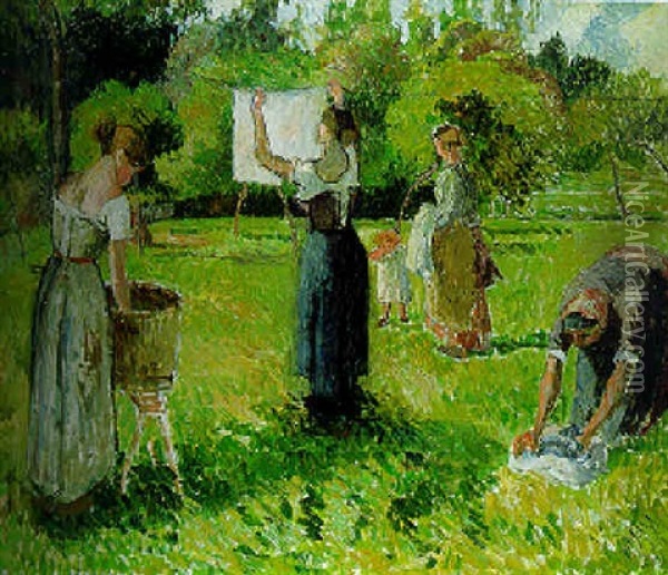 Les Laveuses, Etude A Eragny Oil Painting - Camille Pissarro