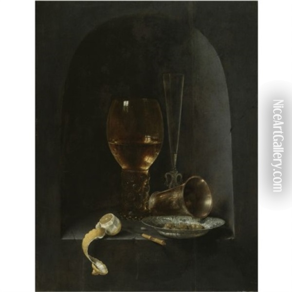 Still Life With A Roemer, A Fluted Wine-glass, A Silver Goblet, A Blue-and-white Porcelain Bowl Filled With Green Olives, A Partly Peeled Lemon And A Knife, All Arranged Within A Stone Niche Oil Painting - Willem Claesz Heda