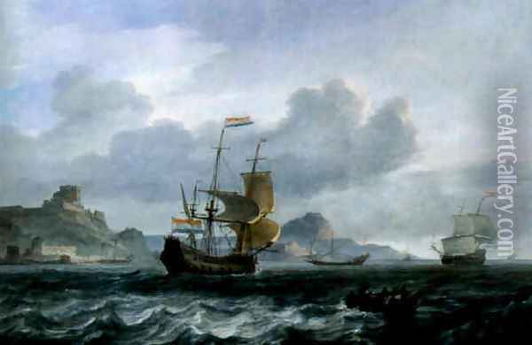 An Amsterdam man-of-war setting out from Mediterranean harbour Oil Painting - Jan Theunisz Blanckerhoff