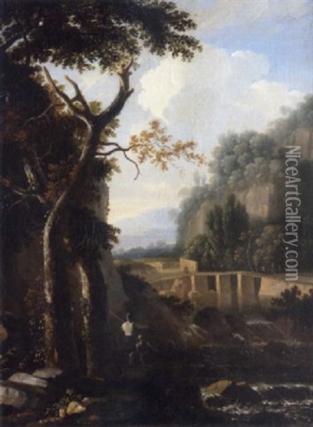 An Italianate Landscape With A Waterfall And Anglers In The Foreground Oil Painting - Bartholomeus Appelman