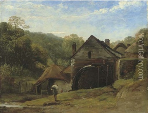 An Overshot Mill In A Wooded Landscape With A Figure In The Foreground Oil Painting - Frederick Richard Lee
