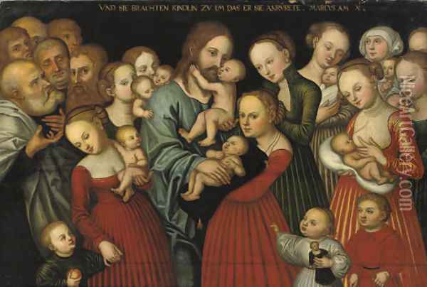 'Christ suffering the Children to come unto Him' Oil Painting - Lucas The Younger Cranach