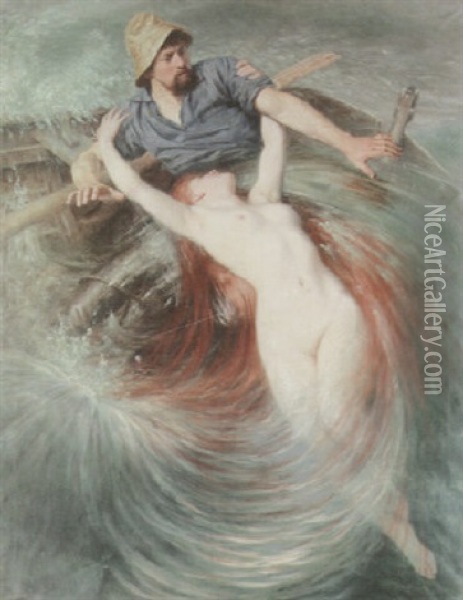 A Fisherman Engulfed By A Siren Oil Painting - Knut Ekwall