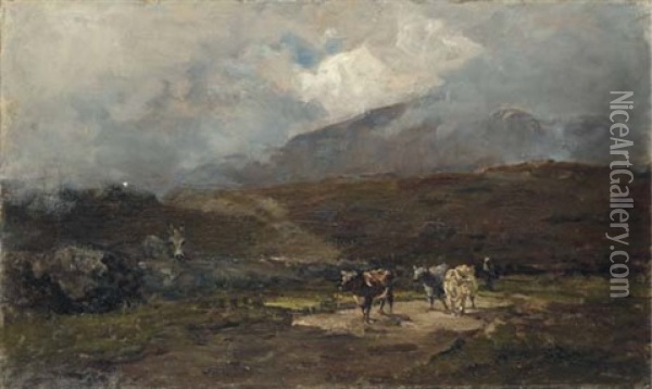 Herdsman And Cows On A Country Road, Glenmalure, Co. Wicklow Oil Painting - Nathaniel Hone the Younger