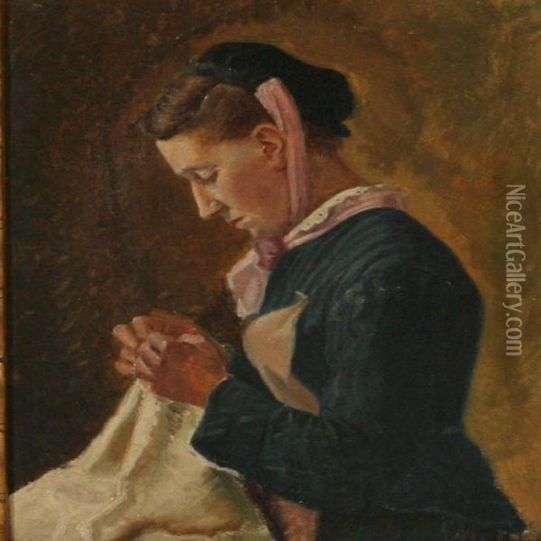 A Woman Sewing Oil Painting - Emilie Mundt
