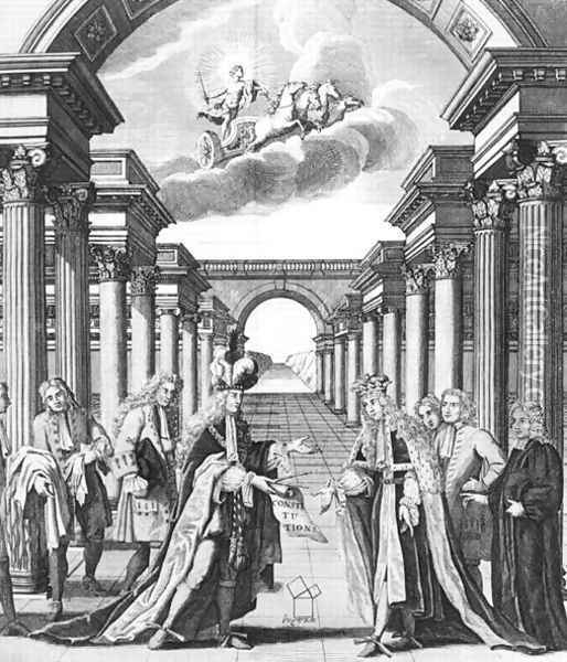 The constitutions of freemasonry by James Anderson, frontispiece, published by John Senex and John Hook, London, 1723 Oil Painting - John Pine