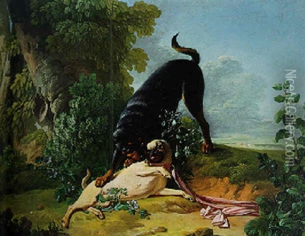 Two Pugs Playing In A Park Oil Painting - Jean-Jacques Bachelier