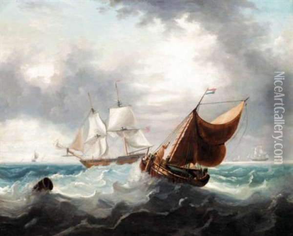A Frigate And A Dutch Barge In Choppy Seas Oil Painting - Charles Martin Powell