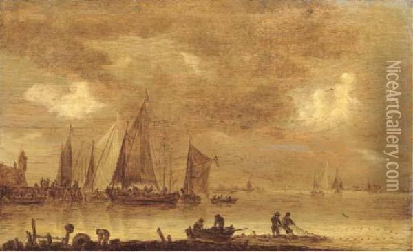 An Estuarine Landscape With 
Fishermen Drawing In Nets In The Foreground, Boats By A Jetty Beyond Oil Painting - Jan van Goyen