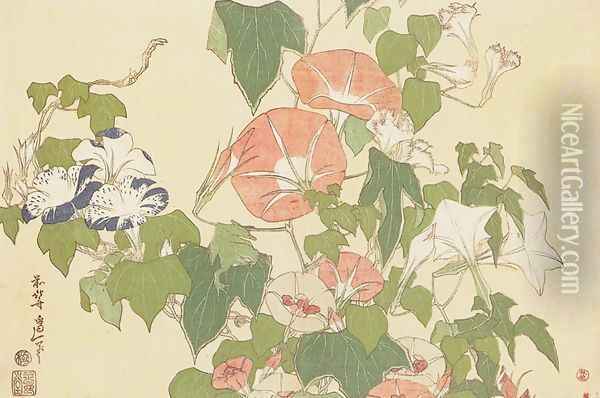 Convolvulus and Tree-Frog Oil Painting - Katsushika Hokusai