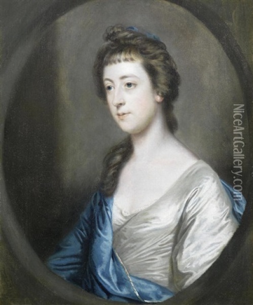 Portrait Of A Lady, Half-length, In A Blue And Silver Dress Oil Painting - Thomas Beach
