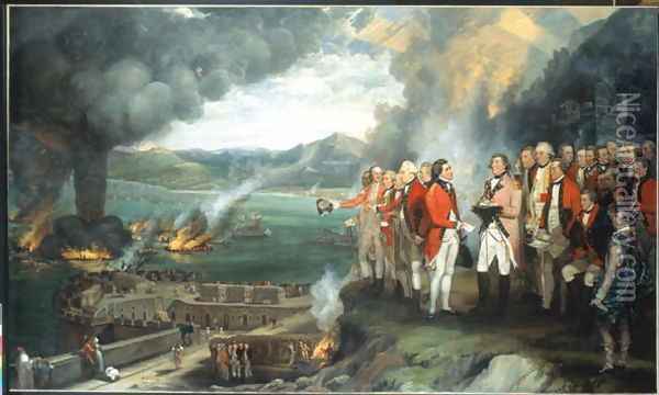 General Eliott and his officers observing the destruction of the Floating batteries, Gibraltar, 14th September 1782, 1784 Oil Painting - George Carter