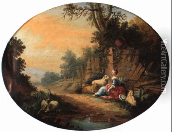 A Shepherd Resting At The Foot Of A Tree Oil Painting - Jean Baptiste Huet