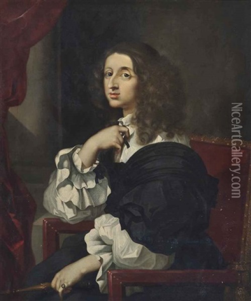 Portrait Of Christina, Queen Of Sweden (1626-1689), Half-length, Seated, In A Black And White Dress, Before A Draped Curtain In An Interior Oil Painting - Sebastien Bourdon