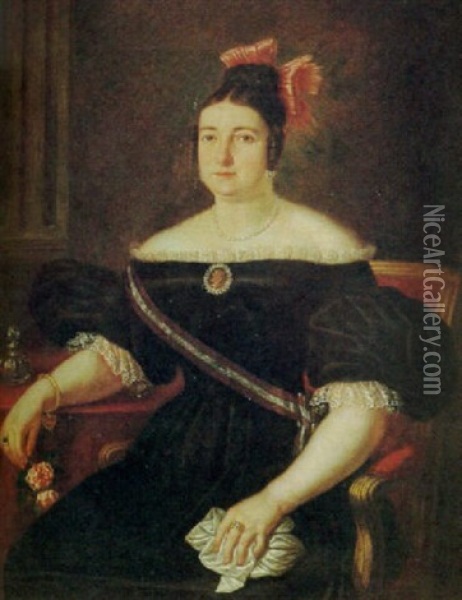Retrato De Dama Isabelina Con Rosas En La Mano Oil Painting - Jose Maria Romero y Lopez