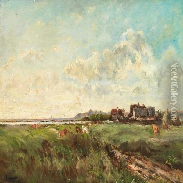 View Of An Open Landscape With Houses And Grazing Cattle Oil Painting - Leon Victor Dupre