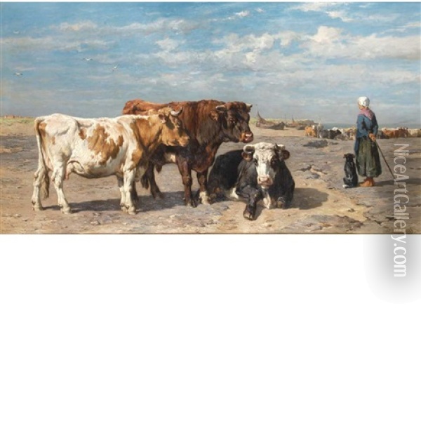 Herdswoman With Cows By The Sea Oil Painting - Johannes Hubertus Leonardus de Haas