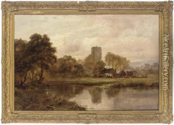 A Peaceful River View With A Farm And Church Beyond Oil Painting - Robert Gallon