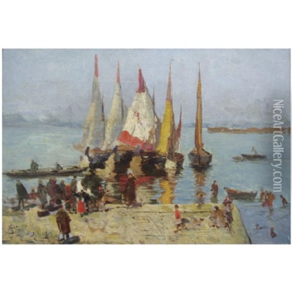 Sailing Boats On The Lagoon, Venice ( + Sketch Of A Venetian Carnical, Verso) Oil Painting - Mose di Giosue Bianchi