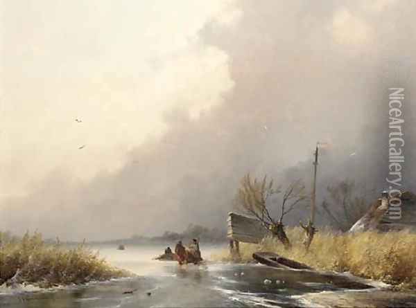 Woodgatherers on the ice on a windy day Oil Painting - Johannes Franciscus Hoppenbrouwers
