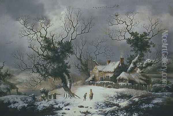 Winter Landscape with Woman and Boy Oil Painting - George, of Chichester Smith