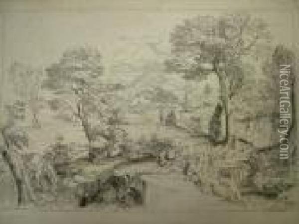 Figures In An Extensive Landscape Oil Painting - Annibale Carracci