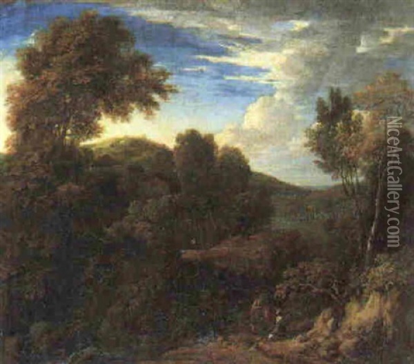 A Rocky Wooded Landscape With Figures Conversing On A Path Oil Painting - Cornelis Huysmans