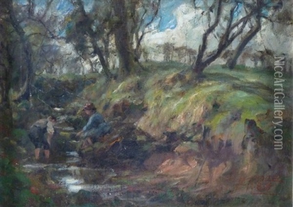 Children Fishing In A Stream Oil Painting - James Riddel