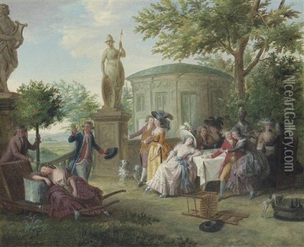 Elegant Figures Dining In A Garden Amongst Classical Sculptures, A Rotunda Beyond Oil Painting - Niklas Lafrensen the Younger