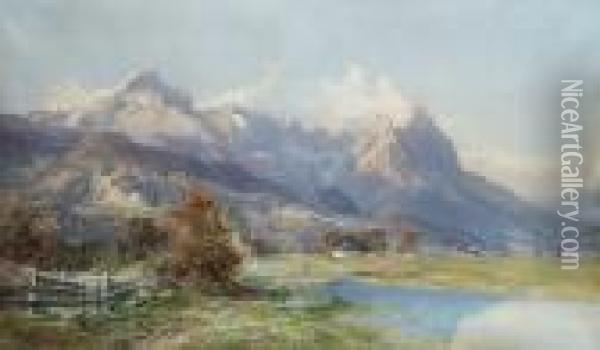 An Alpine Valley Oil Painting - Edward Theodore Compton