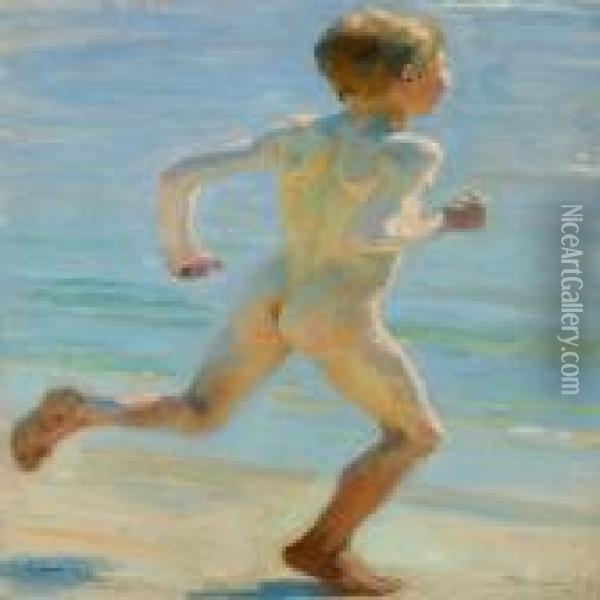 Naked Boy Running On The Beach Towards The Sea Oil Painting - Peder Severin Kroyer
