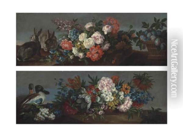 Roses, Tulips, Hyacinths And Other Flowers In A Woven Basket, With Grapes And Two Mallards, In A Landscape; And Roses, Anenomes, Hyacinths And Other Flowers Draped On A Stone, With Plums In A Woven Basket And Two Rabbits In A Landscape - Overdoors Oil Painting - Jean-Baptiste Monnoyer