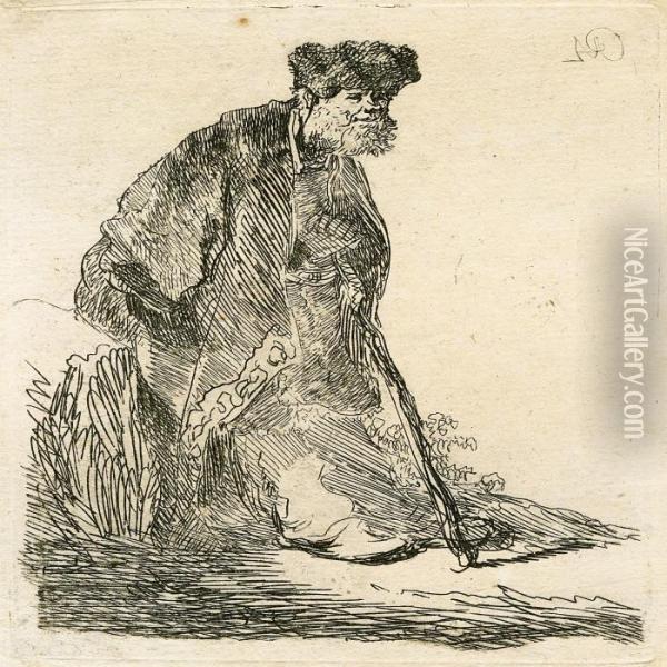 Man In Cloak And Fur Cap Leaning Against Bank Oil Painting - Rembrandt Van Rijn