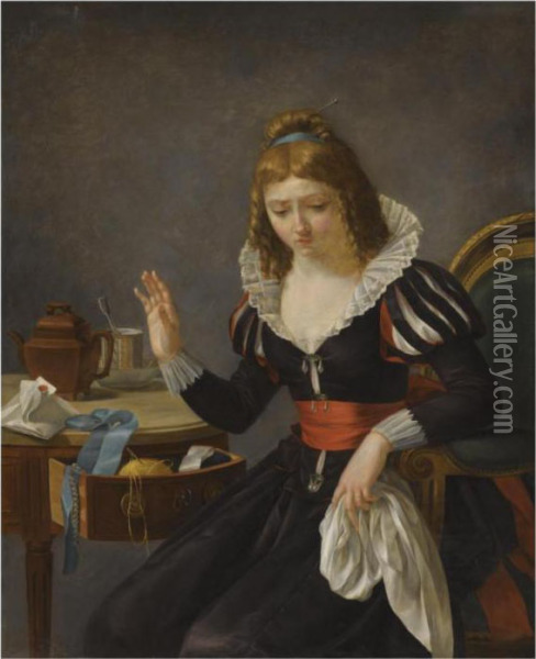 An Elegantly Dressed Lady Seated At A Table And Holding A White Hankerchief Oil Painting - Francois Maury