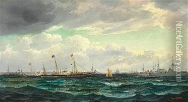 The British Royal Yacht Is Received By The Danish Royal Yacht And Vessels Of The Danish Navy Oil Painting - Edvard Skari