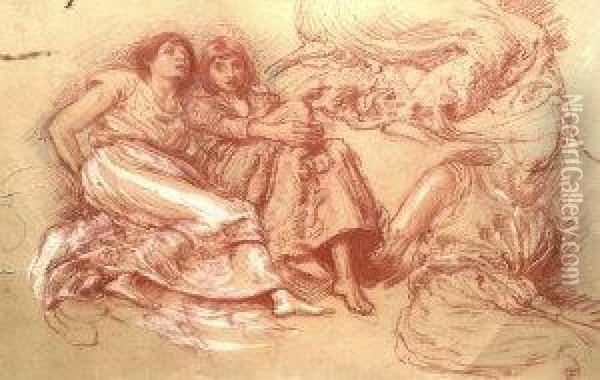Composite Studies Of Two Seated 
Draped Females , Two Heads ; Red And White Chalk On Buff Paper, In A 
Double Sided Glazed Frame, 35.5x53cm Oil Painting - School Pre-Raphaelite