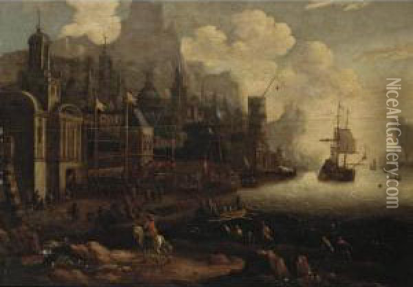 A Mediterranean Harbour Scene Oil Painting - Jan Abrahamsz. Beerstraaten